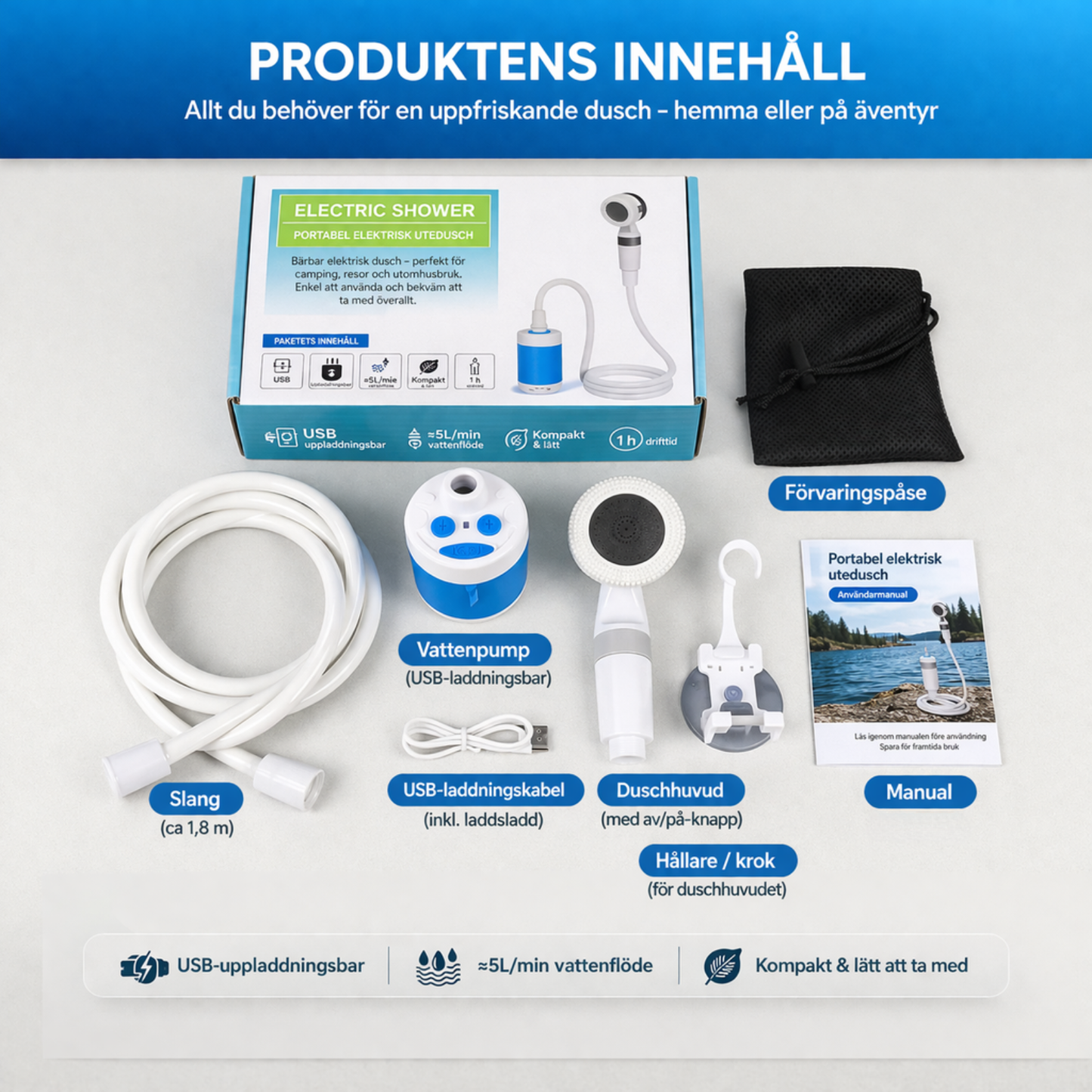 AquaGo™ | Bärbar Vattendusch: Komplett Kit med Slang & Munstycken